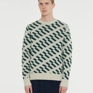 CASTART Antwerp Ski Roundup Wool Geometric Stripe Sweater, Green/Ecru, Sz XL